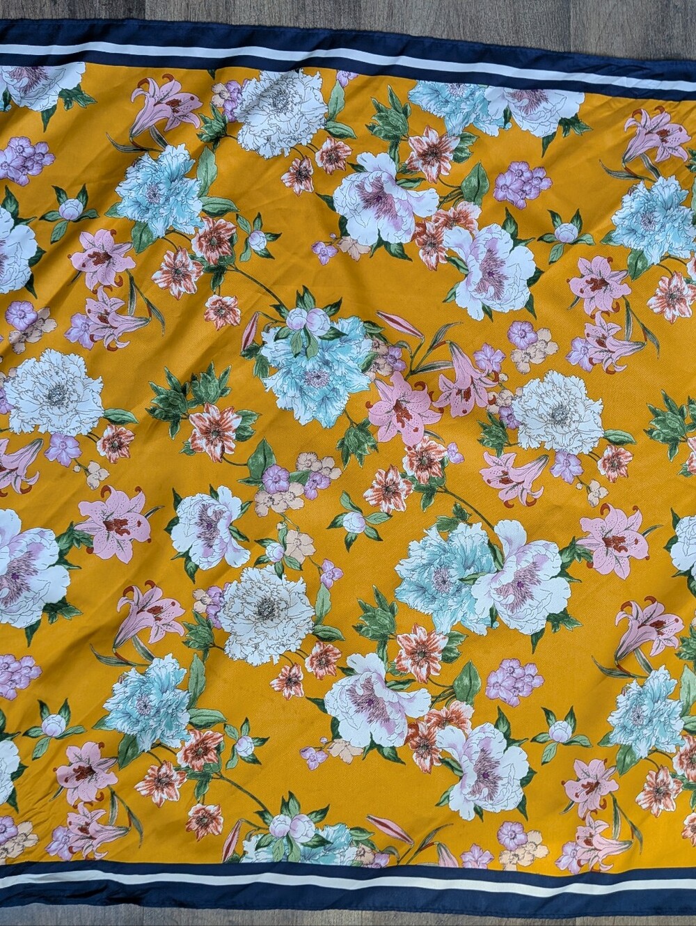 HM Mustard Yellow Floral Satin Square Scarf Navy Stripe Border Neck Scarf